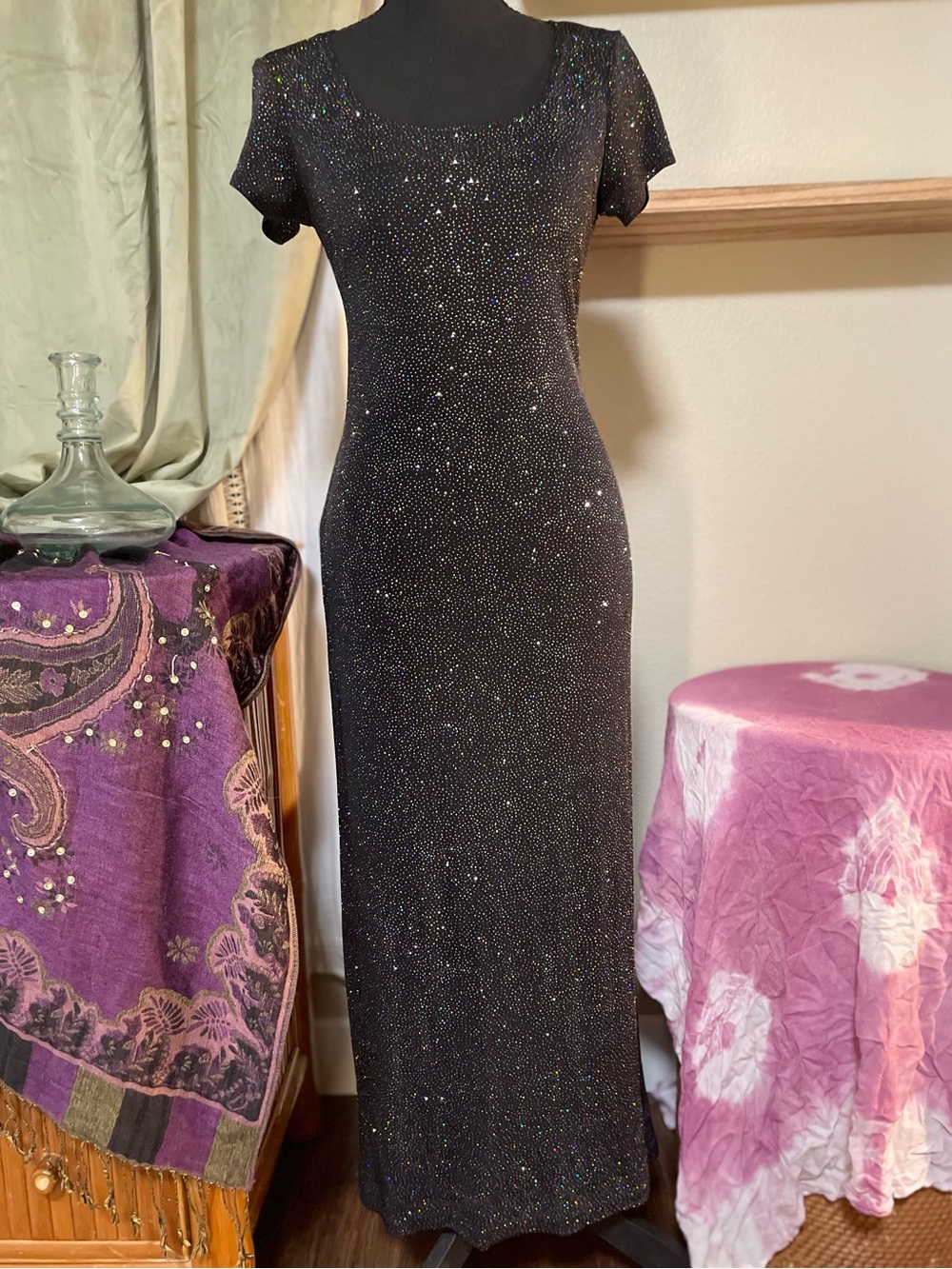 Vintage 80’s 90’s Jump Black Glitter Short Sleeve Maxi Dress.